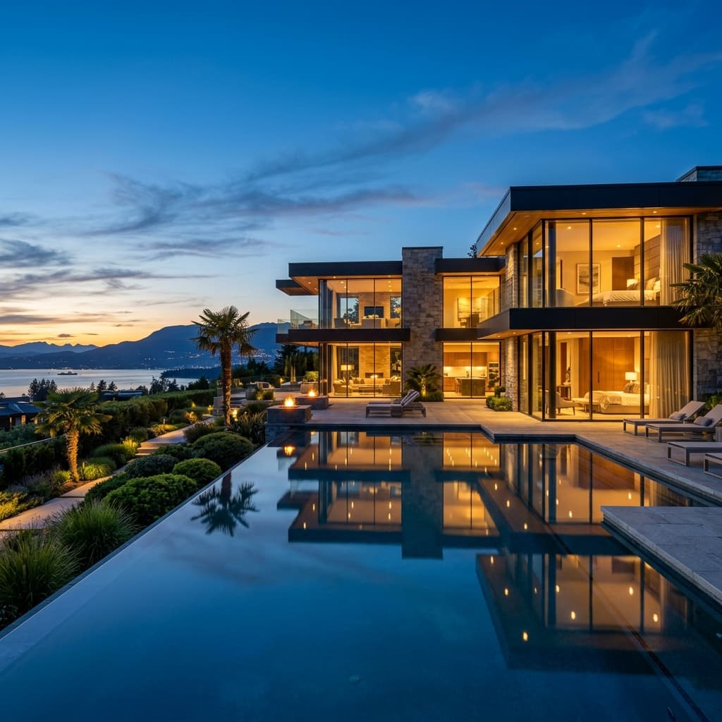 Luxury modern estate at twilight